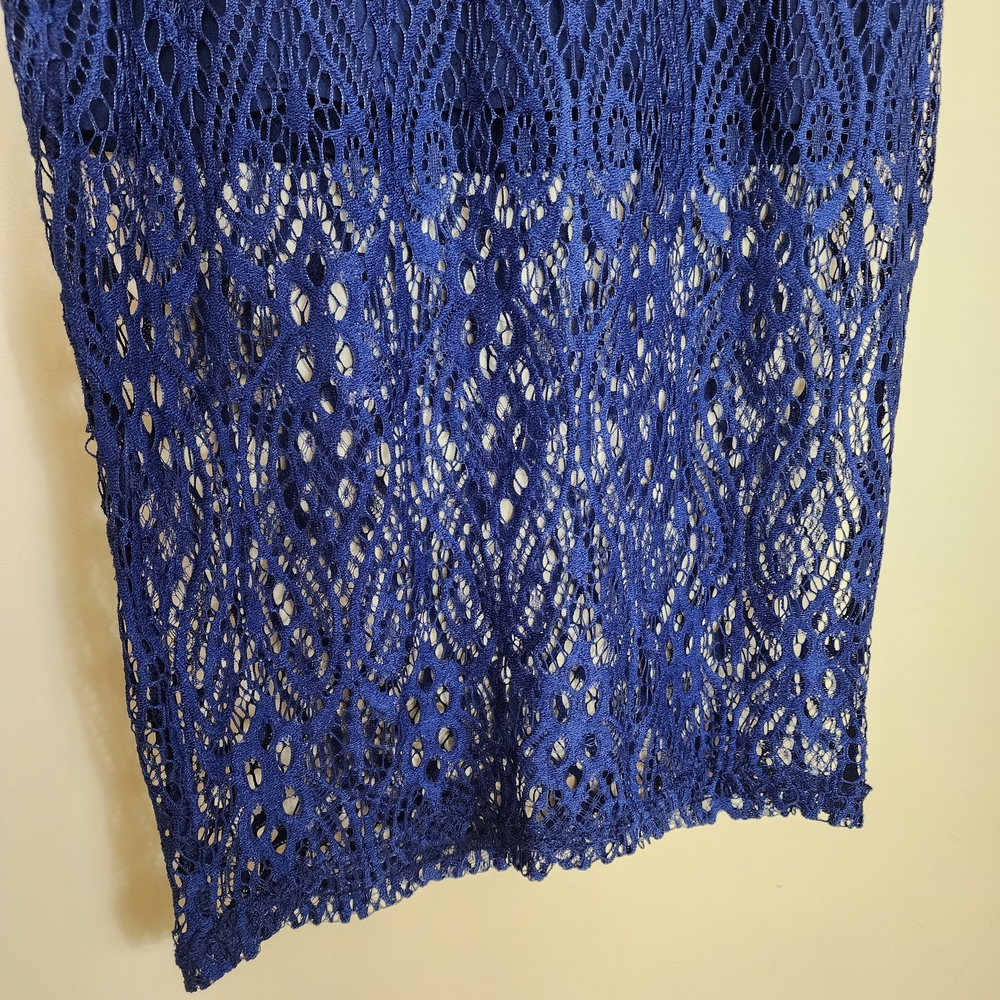 Elegant Dark Blue Lace Midi Pencil Skirt Elastic Waist Size Small Wedding Guest